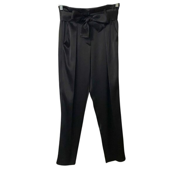 NWOT JUDITH & CHARLES BLACK SATIN BELTED TAPERED TROUSERS PANT - 0 - Picture 1 of 9